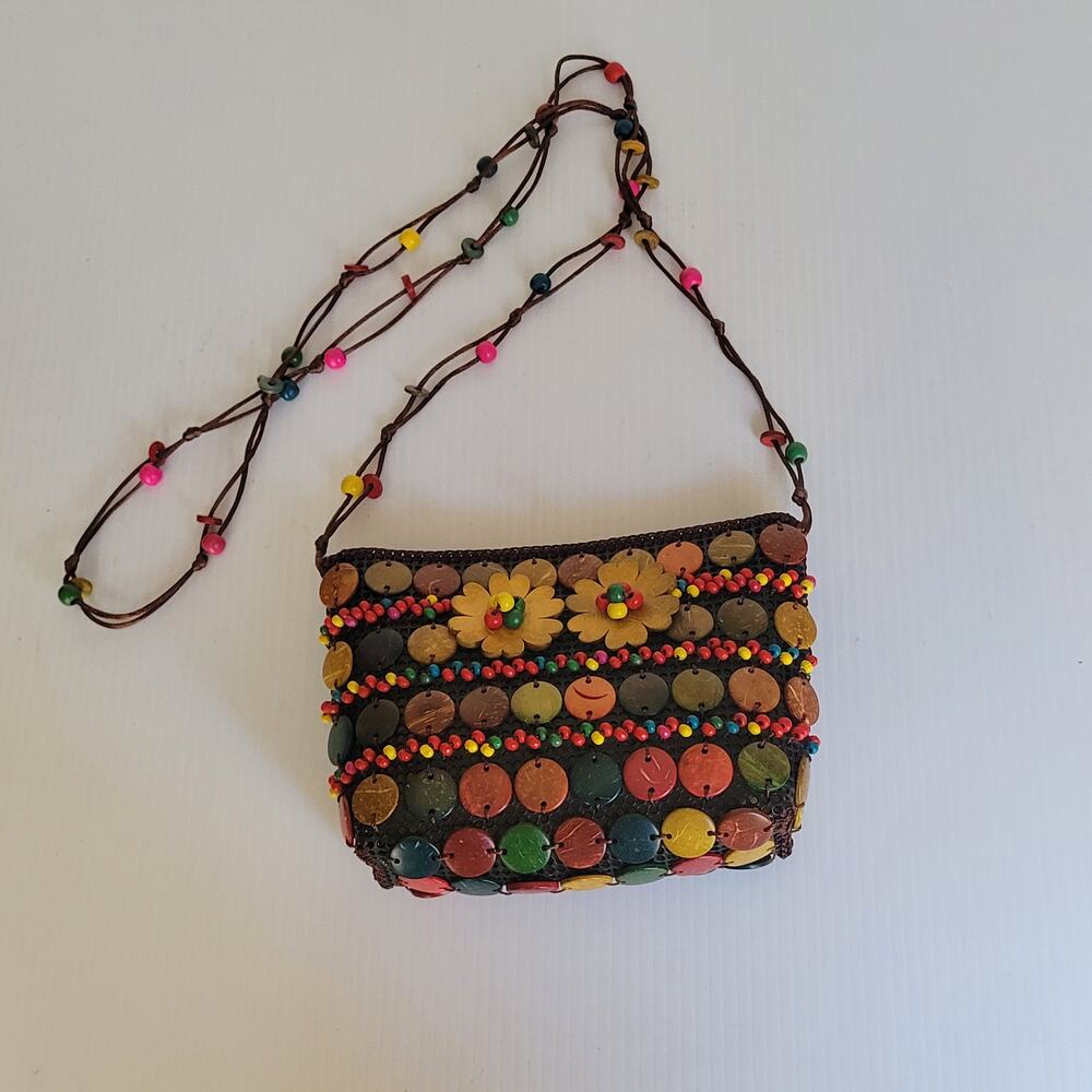 Vintage Handmade Coconut Shell Beaded Purse Crossbody Boho Festival Sling Bag